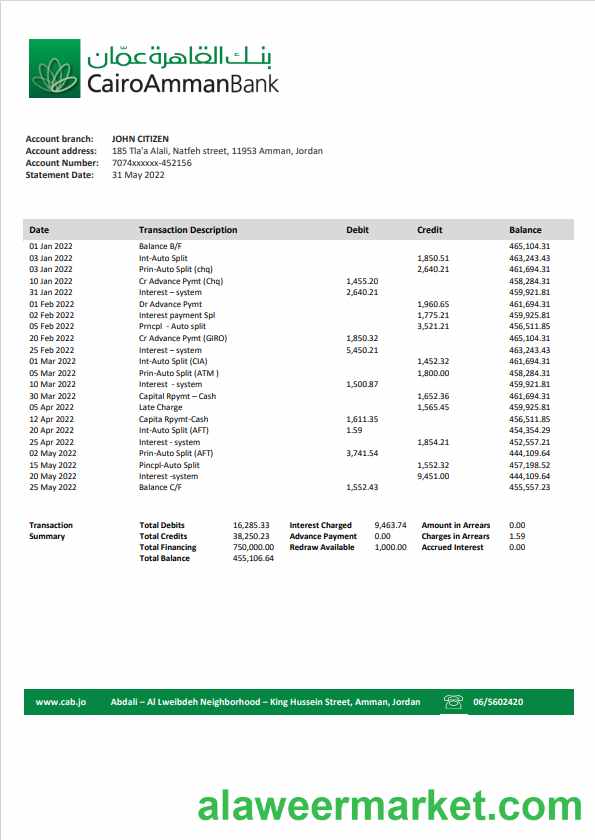 Jordan Cairo Amman Bank statement template in Word and PDF format